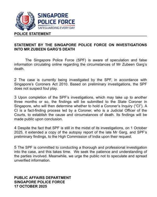 What Statement Did The Singapore Police Force Give Regarding The Investigation Into Zubeen Garg’s Death In Singapore? — Assam general knowledge article