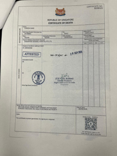 Zubeen Garg death certificate from Singapore Photo
